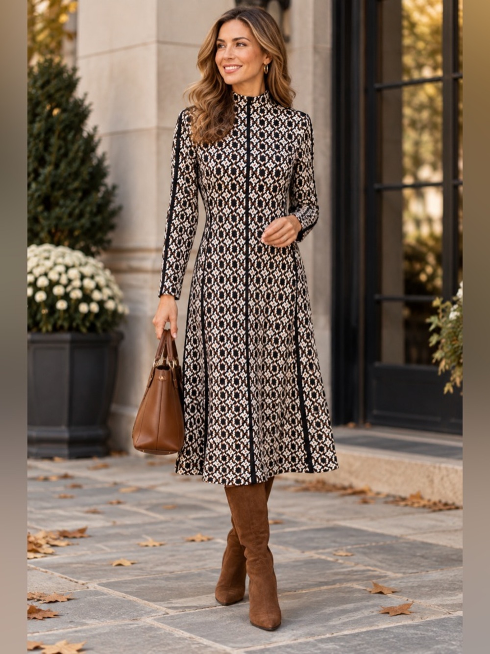 ME+EM Size 6 Black Brown White Geometric Print A Line Fit & Flare Midi Dress